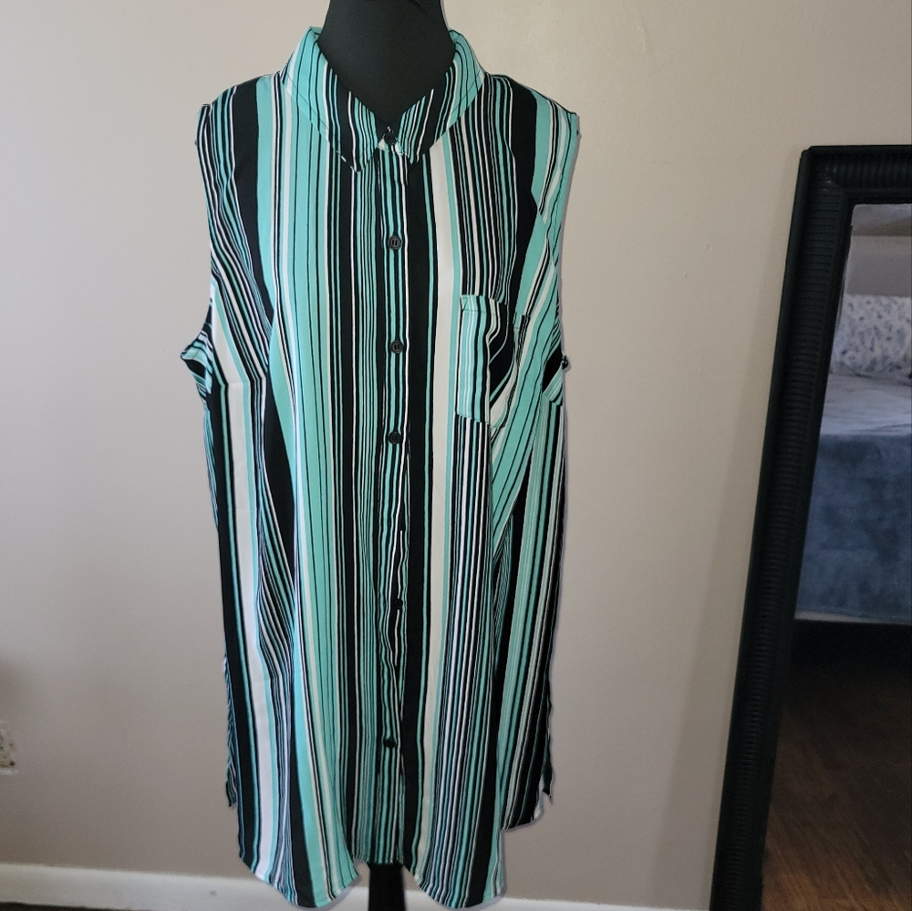 Catherines Striped Button Down Shirt/Dress - Black and Teal